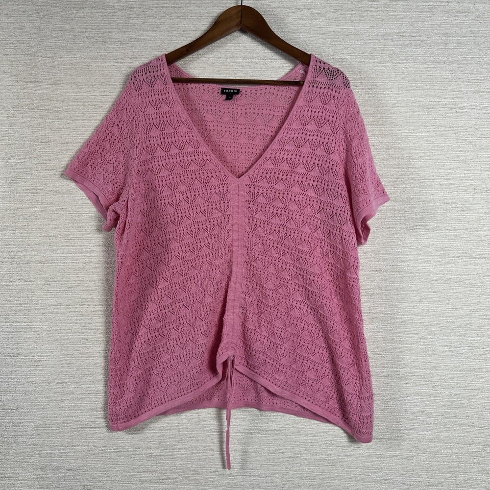 Torrid Size 3 Pink Crochet Rouched Short Sleeve Sweater Top Cottagecore Festival